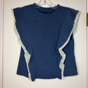 Anthropologie BY Blue Ribbed Sleeveless Top Ruffle Trim Tank Blouse Small S